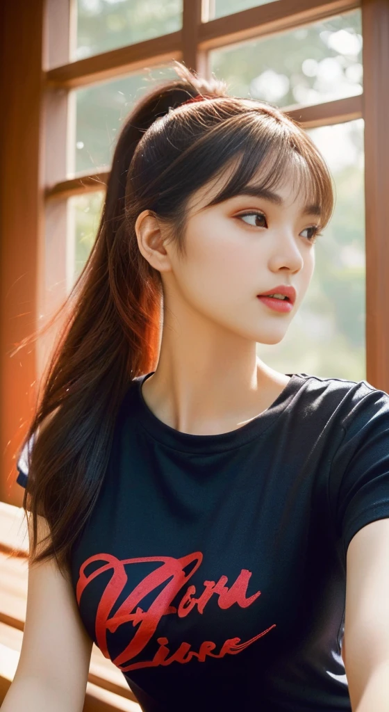 Close-up of a woman wearing a dark red t-shirt., Close-up of Haraf woman looking at camera, perfect has a round face, A well-maintained model., Young Southeast Asian woman with a round face, Profile picture: warm light, evening sun light, (Highest quality:1.4), (Masterpiece:1.3),(sharp focus:1.2), (The ponytail has bangs like Lisa&#39;s.),glowing face, (Red cheeks:1.3), standing walking outdoors, Thai girl anime, beautiful asian girl,stereoscopic 8k,45 high quality colored lights,000,000,000 pixels, photo, post-trade photo, animation, beautiful portrait,