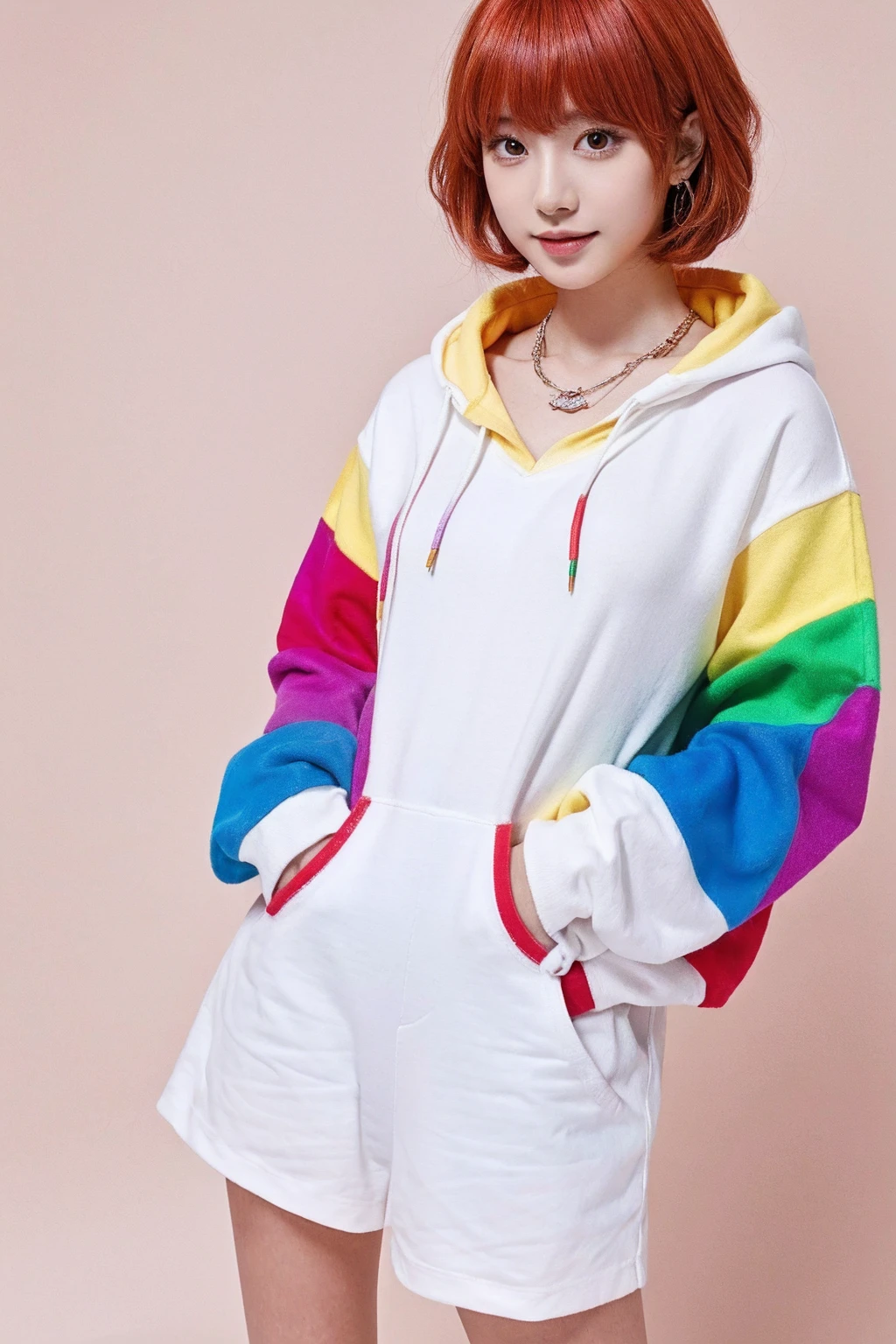 Full body portrait、(Highest quality, 8K, 32k, masterpiece, Ultra-high resolution:1.2),Beautiful Japanese Women Photos, Rainbow clothes、Rainbow hoodie、Large Breasts, Very short bob hair,Red hair, necklace, Simple Background, From above, View your viewers、Rainbow Hair、White background、peace sign、Pause.Colorful clothes、White background、Colorful hair、White background
