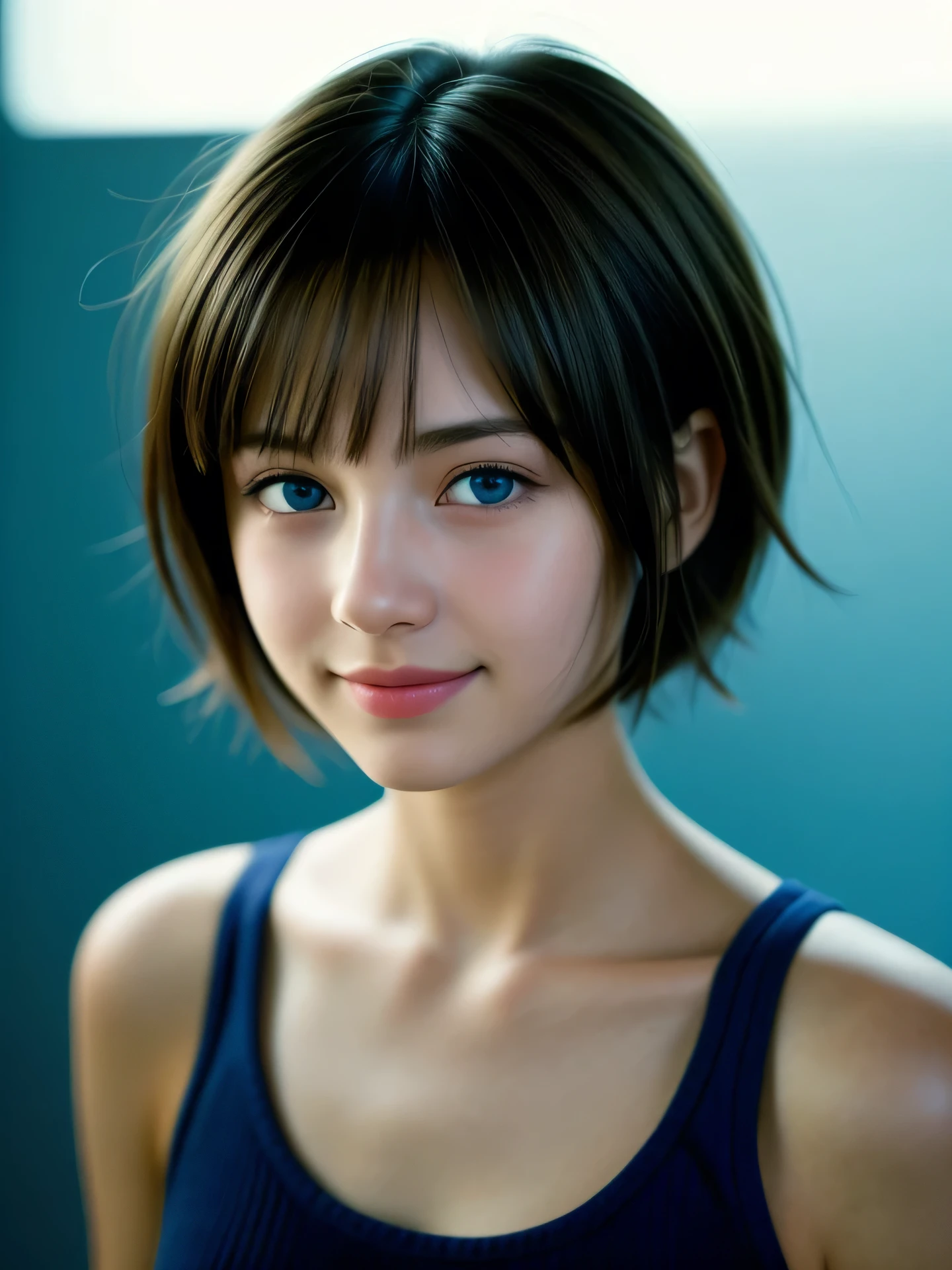 (Photo Real:1.4), (hyper realisitic:1.4), (Smooth lighting:1.05), 1 girl, ager, blue eyes, happy, shy, smile, looking away, Close-up of the face, Soft lighting, Back lighting, (Finest Real Textured Skins), Super fine face, glowy skin, retinas, Anatomically correct, (short Hair:1.1), bangs, Textured skin, High quality, high details, Best Quality, High resolution, tank top