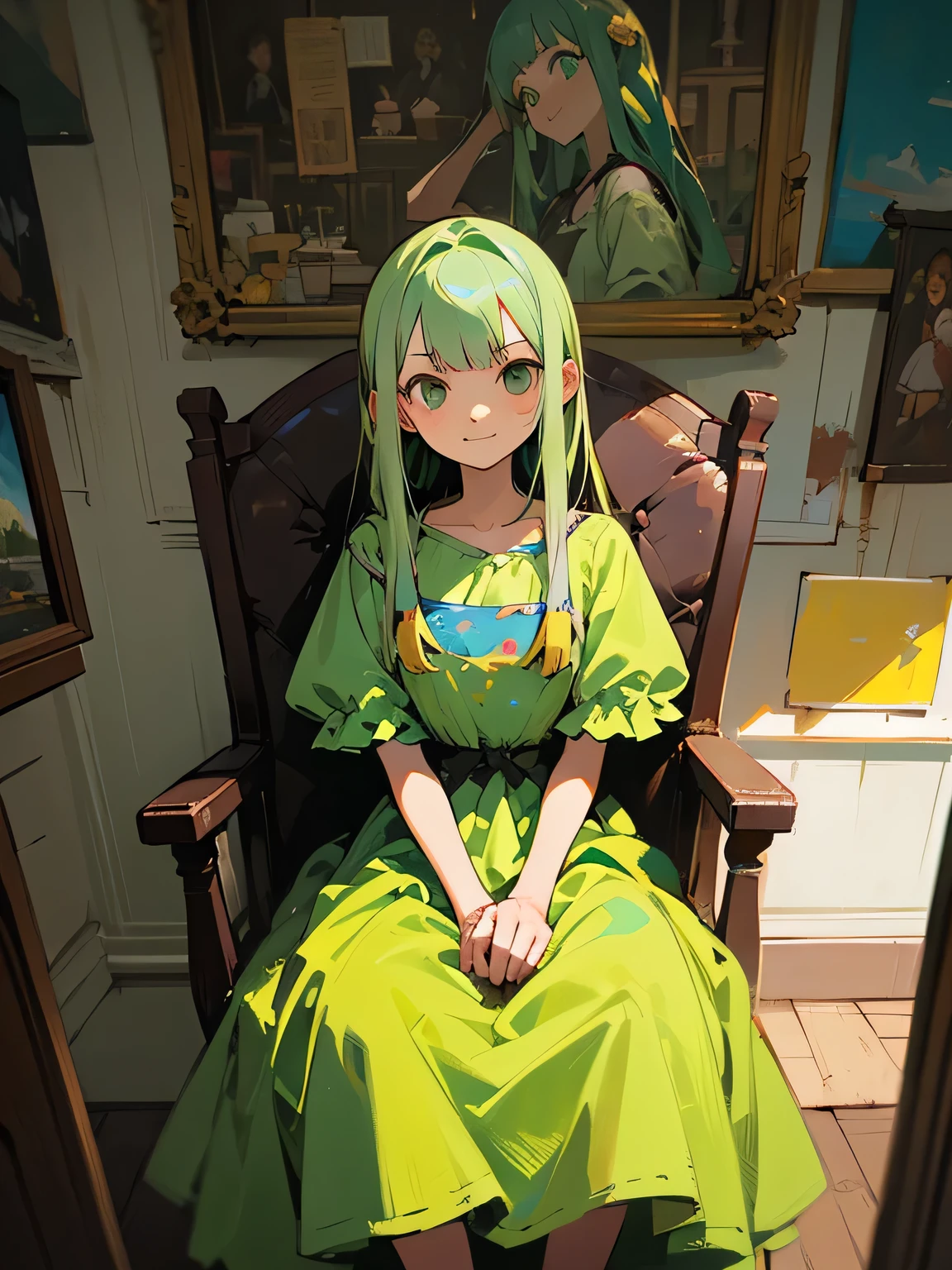 birdeyesview,solo, light pastel green color hair, long thin straight hair, light green dress, shy smile, stylish atelier, canvas, oil painting, paintbrush,adult women,Adding color to the canvas with a paintbrush, looking away, desperation, serious expression,sitting chair