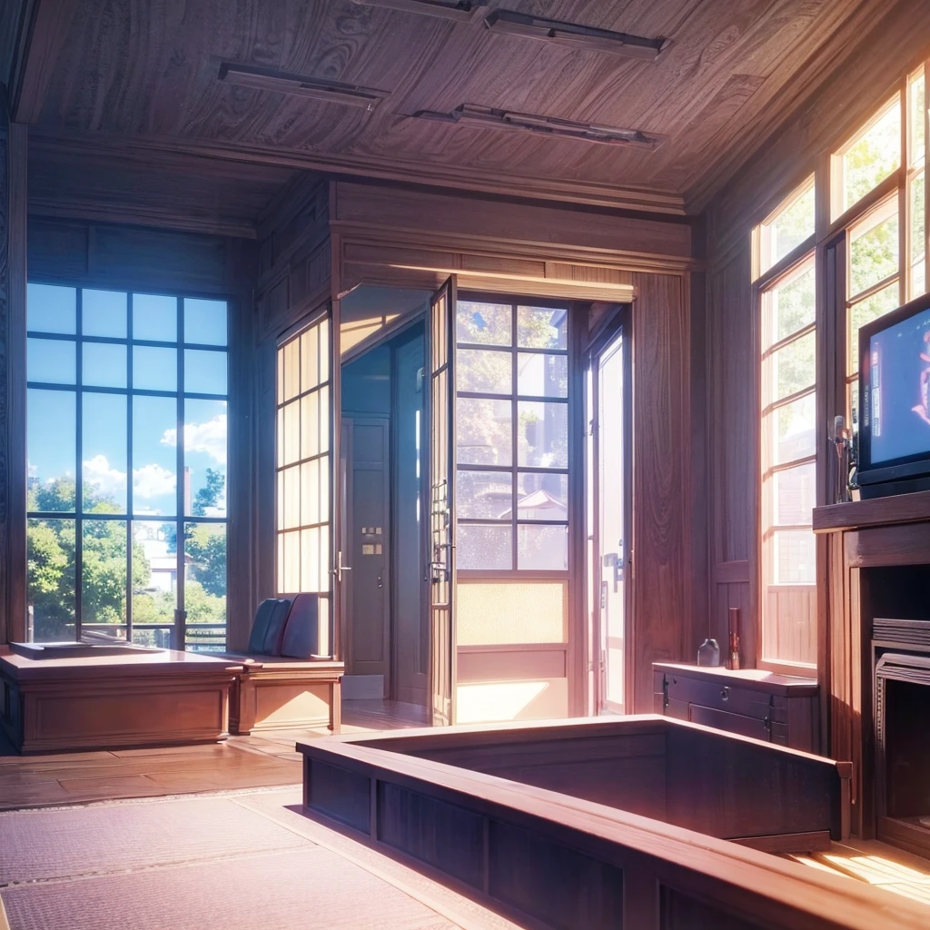 Anime style room with table, chairs and television., animated background art, anime landscape concept art, animated background, cozy home background, 3d realistic anime style, aesthetic anime, Beautiful anime scene, anime style, house kitchen on a sunny day, Japanese house, anime style de estudio manicomio, Relaxing Conceptual Art, cozy and calm atmosphere