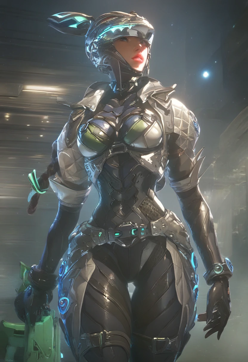 score_9, score_8_up, woman, athletic body, hourglass body, bodysuit, helmet,, seductive pose, Standing, tactical gear, green hair, thigh straps, clothed, revealing clothes, seductive face, beautiful eyes, detailed eyes, city scape background, black cap, pink goggles on cap, green yoga pants, black nails, choker,