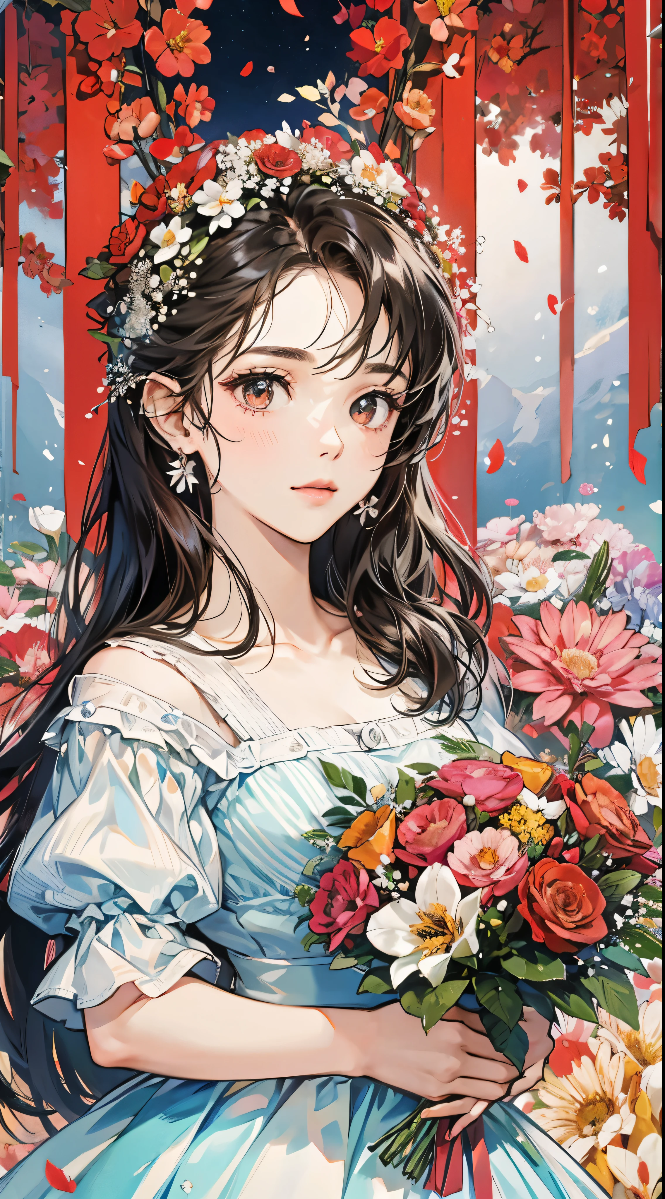 there is a  in a red and white dress holding a bouquet, girl in flowers, picking flowers, holding flowers, picking up a flower, girl standing in flower field, girl standing in a flower field, flowers on heir cheeks, girl in a flower field, portrait of girl in flower field, girl walking in forest, girl with a flower head