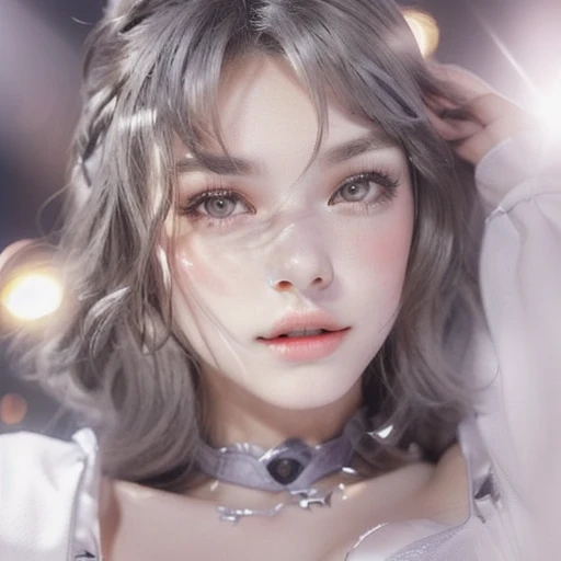 ultra detailed,realistic,beautiful girl,in stage,stage light,(detailed background),[(detailed face):],(detailed nose blush),(mid breasts),(detailed TwinTails),(Wavy hair),detailed daylight,(high detailed skin:1.4),(Flat bangs),focus on face,(detailed grey eyes:1.4),(big eyes),(white socks),grey eyes,
clean, pure face,(seductive smile),