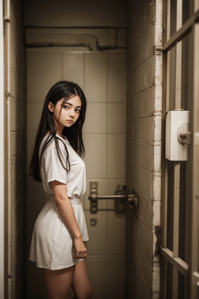 22-year-old woman in front of a prison cell, looking at the camera.
