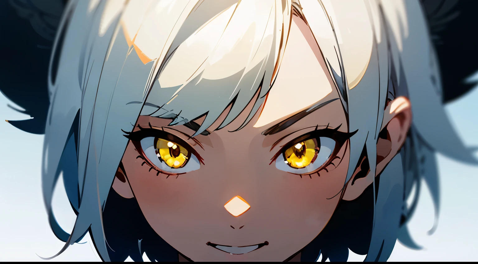 masterpiece, best quality, best quality, masterpiece, highres, focus, anime style, a closeup of a woman, girl design, portrait, anime image, short hair, white hair, yellow eyes, hair covering ears, polished and powerful look, pale skin, cheerful, soft sunlight, blurred background scene, backlit
