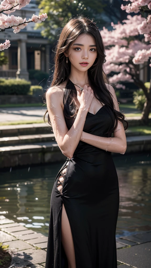 4k, ultra hd, masterpiece, 1 girl, serious face, detailed eyes, very long hair, (flare dress:1.5), (black flare dress:1.5), paisley print, (jwellery:1.5), bere waist, in the garden, cherry blossom, rain:1.5, (water:1.5),