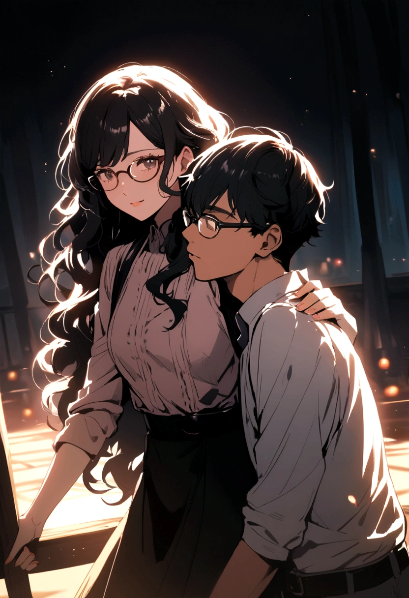 Black-haired boy with wavy-haired girl in glasses together 