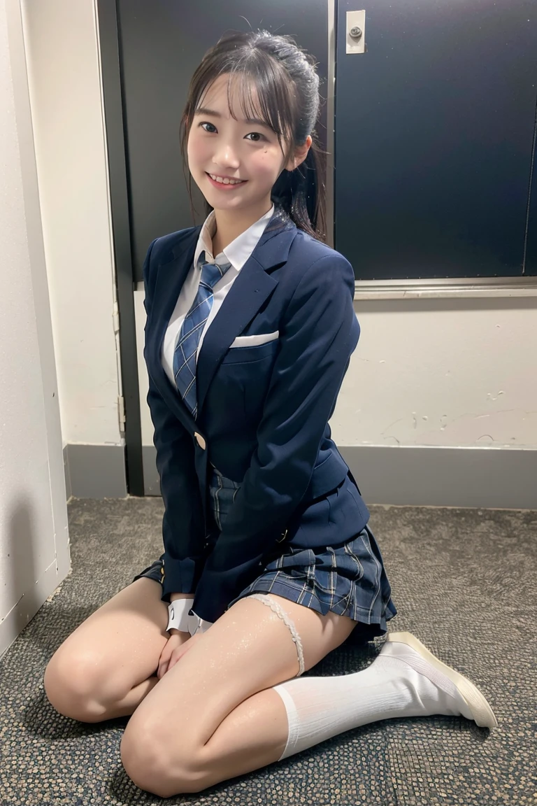 (8K), (highest quality: 1.2), (realistic), (realistic: 1.37), ultra high resolution, (1 girl、17 years old), cute, smile, closed mouth, beautiful details, beautiful nose, wet hair, giant dulcefo, pork, thighs，Self snap,High school Student Uniform,(A simple navy blue blazer),pleated skirt,(The skirt and tie are gray tartan check pattern....:1.3),(sitting:1), sit on the ground,(hug your feet:1),white pantyhose,from the front,knees、loafers、Low - Angle、From the front view、Checkered Pleated Skirt、Ponytail 1.2、Knee-high socks、barefoot、((Between the legs、Panties that fit the female genitals、White panties、膝を上げて、お尻を床に付けて座る))