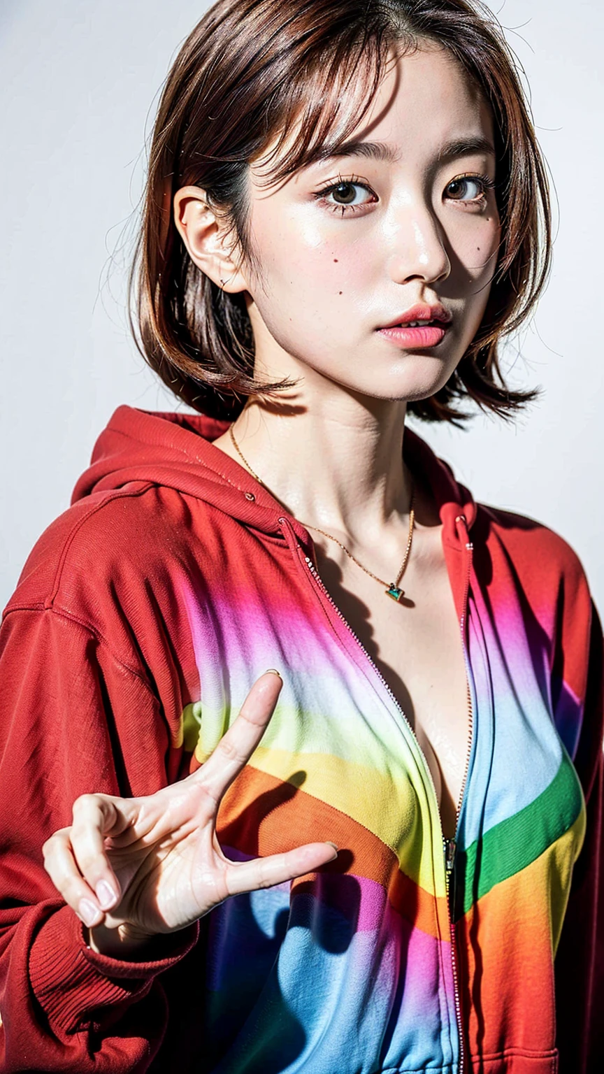 (Highest quality, 8K, 32k, masterpiece, Ultra-high resolution:1.2),Beautiful Japanese Women Photos, Rainbow clothes、Rainbow hoodie、Large Breasts, Very short bob hair,Red hair, necklace, Simple Background, From above, View your viewers,Red Hair、White background、peace sign、Pause