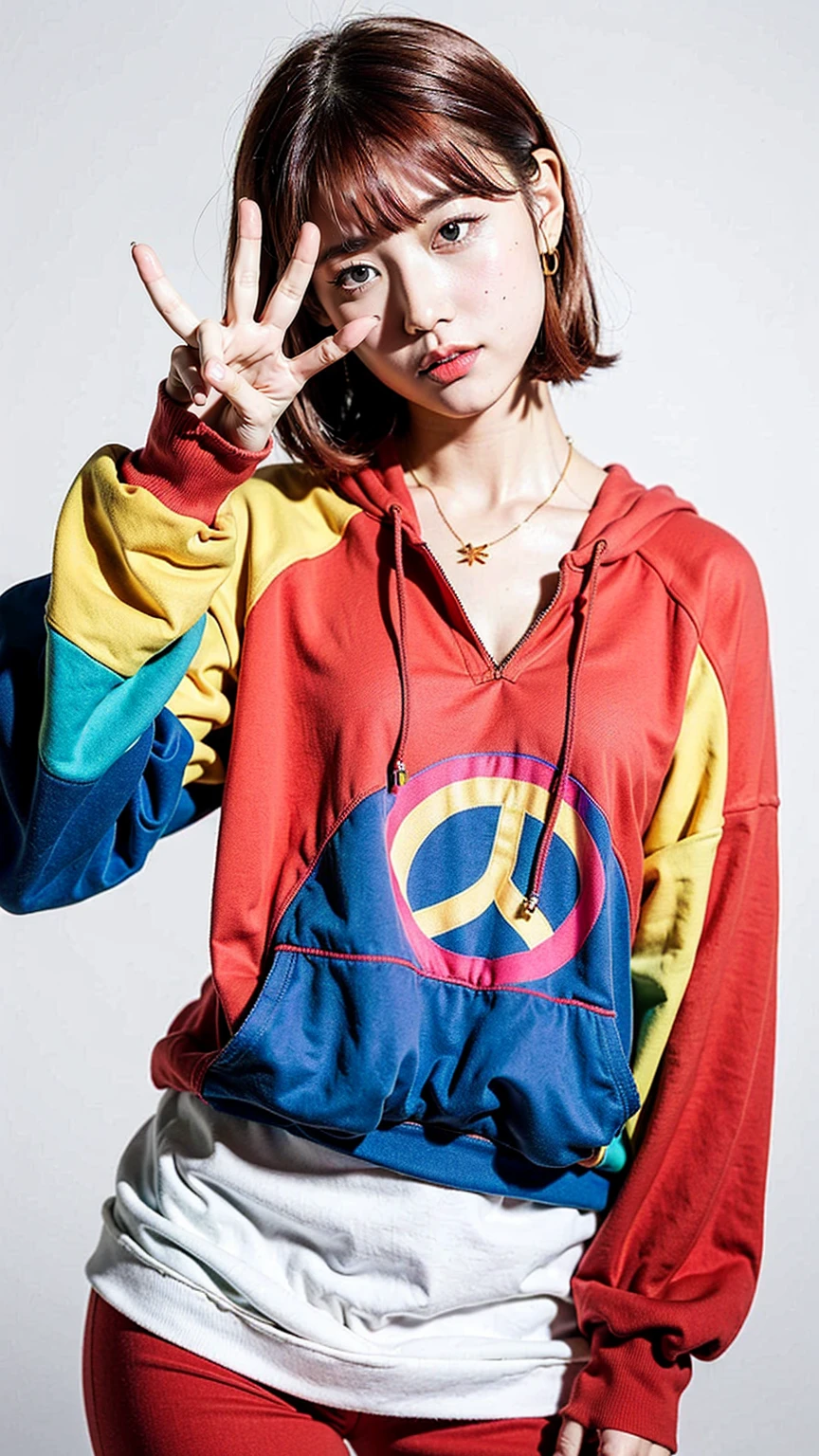 (Highest quality, 8K, 32k, masterpiece, Ultra-high resolution:1.2),Beautiful Japanese Women Photos, Rainbow clothes、Rainbow hoodie、Large Breasts, Very short bob hair,Red hair, necklace, Simple Background, From above, View your viewers,Red Hair、White background、peace sign、Pause