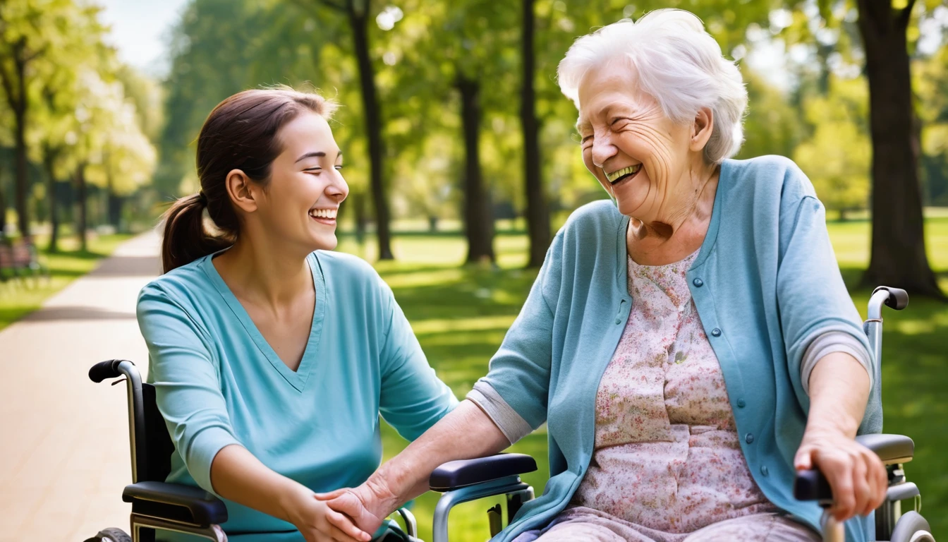 A young woman pushes an elderly woman in a wheelchair along a path in a park. The two are smiling and laughing, enjoying the beautiful weather. The elderly woman has her arms outstretched, and the young woman is looking at her with a smile. There are trees and green grass in the background. The image depicts a moment of joy and companionship between a caregiver and a patient.