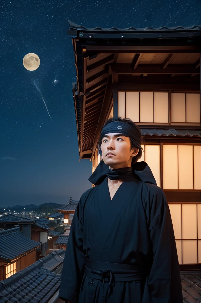 A ninja is looking up at the night sky from the roof of a Japanese house. There is a crescent moon in the night sky. He looks a little sad.