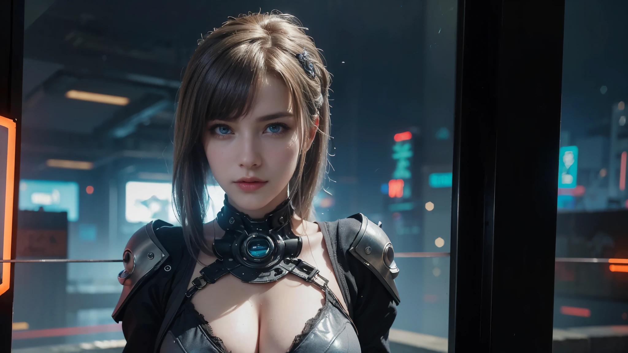 masterpiece,best quality,high resolution,8K,(Portraits:1.5),(R Original Photo),The real situation,Digital Photography,(A fusion of cyberpunk and fantasy),(Policewoman),White women,Feel free to hairstyle,hair,blue eyes,By Bangs,(Large Breasts, Accessories,shut your mouth,Elegant and charming,Serious and arrogant,Calm and handsome,(Combination of cyberpunk and fantasy style clothing,hollow-carved design,Large Breasts,Photo poses,Realistic style,Gray World Background,oc render reflection texture,futuristic city,Medium distance photography