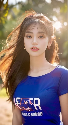 Close-up of a woman wearing a dark red t-shirt., Close-up of Haraf woman looking at camera, perfect has a round face, A well-maintained model., Young Southeast Asian woman with a round face, Profile picture: warm light, evening sun light, (Highest quality:1.4), (Masterpiece:1.3),(sharp focus:1.2), (The ponytail has bangs like Lisa's.),glowing face, (Red cheeks:1.3), standing walking outdoors, Thai girl anime, beautiful asian girl,stereoscopic 8k,45 high quality colored lights,000,000,000 pixels, photo, post-trade photo, animation, beautiful portrait,