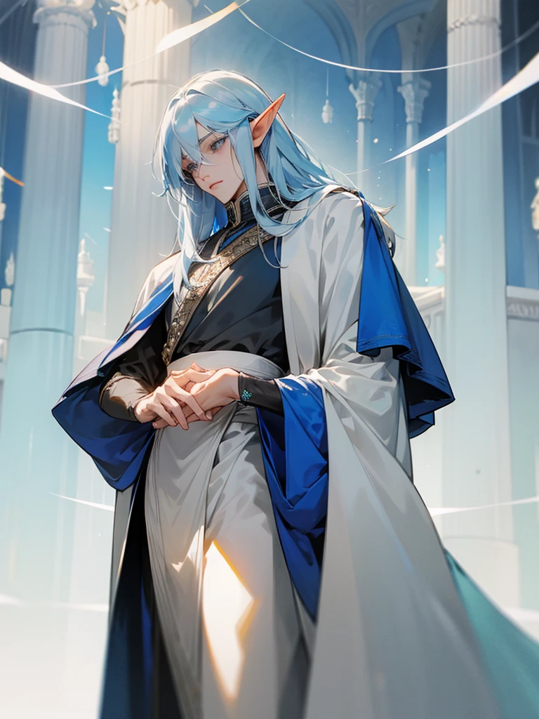 Male elf, long straight light blue hair, fair skin, light grey eyes, royal family, young appearance, revealing clothing.