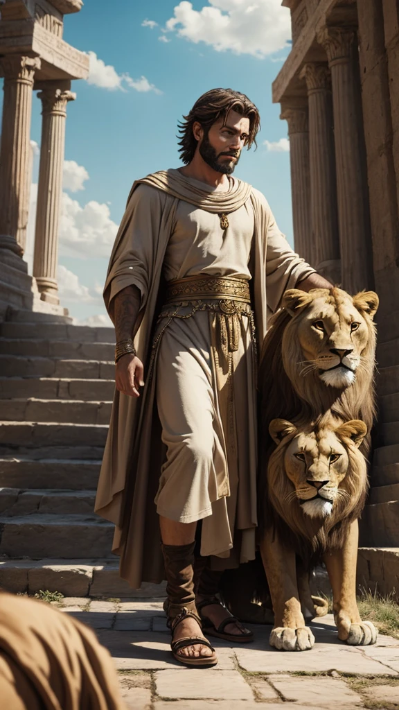 Image of the biblical character Daniel in the Lions' Den: Description: The biblical character Daniel is thrown into the lion's den for his disobedience to the royal decree, but your faith remains firm."