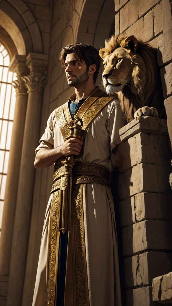 Image of the biblical character Daniel in the Lions&#39; Den: Description: The biblical character Daniel is thrown into the lion&#39;s den for his disobedience to the royal decree, but your faith remains firm."