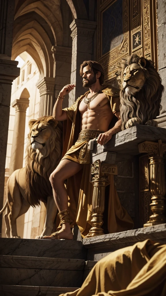 Image of the biblical character Daniel in the Lions' Den: Description: The biblical character Daniel is thrown into the lion's den for his disobedience to the royal decree, but your faith remains firm."