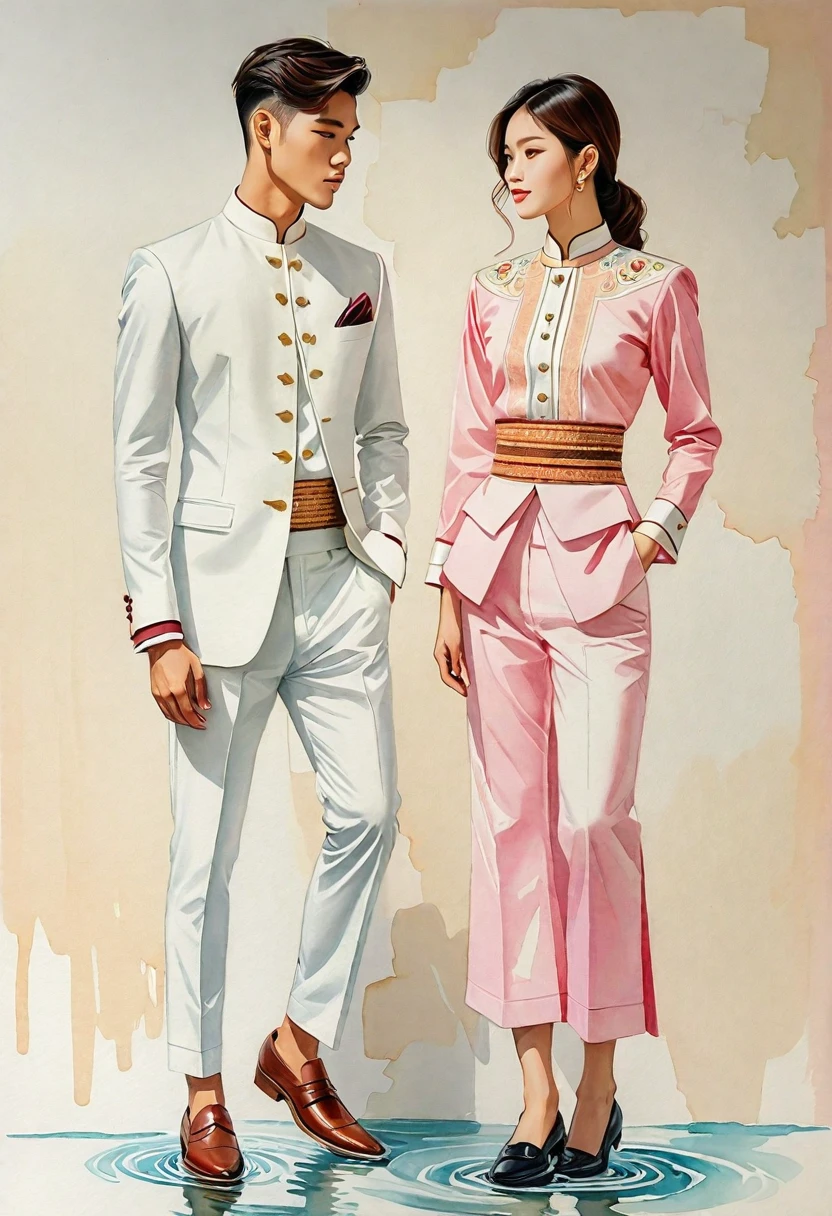 candid fashion illustration of two young man and women, 20-27 year old, adorned in a meticulously crafted North Thai traditional outfits, Lampang, ((showcase fashion Lanna style in cotton handwoven)), simple elegant style, The man wears a simple long-sleeved white mandarin collar suit, paired with Tailor pants, and oxford shoes, The woman complements him with (mini skirt made from a cotton ankle-length), simple minimal pink patterns details, fitted intricately decorated waist-length blouse that complements the skirt, standing, Captured in full-body image, ((imperfect water color background)), sketching, realistic drawing, imperfect water color drawing, fashion look book, fashion illustrator, sketch design,