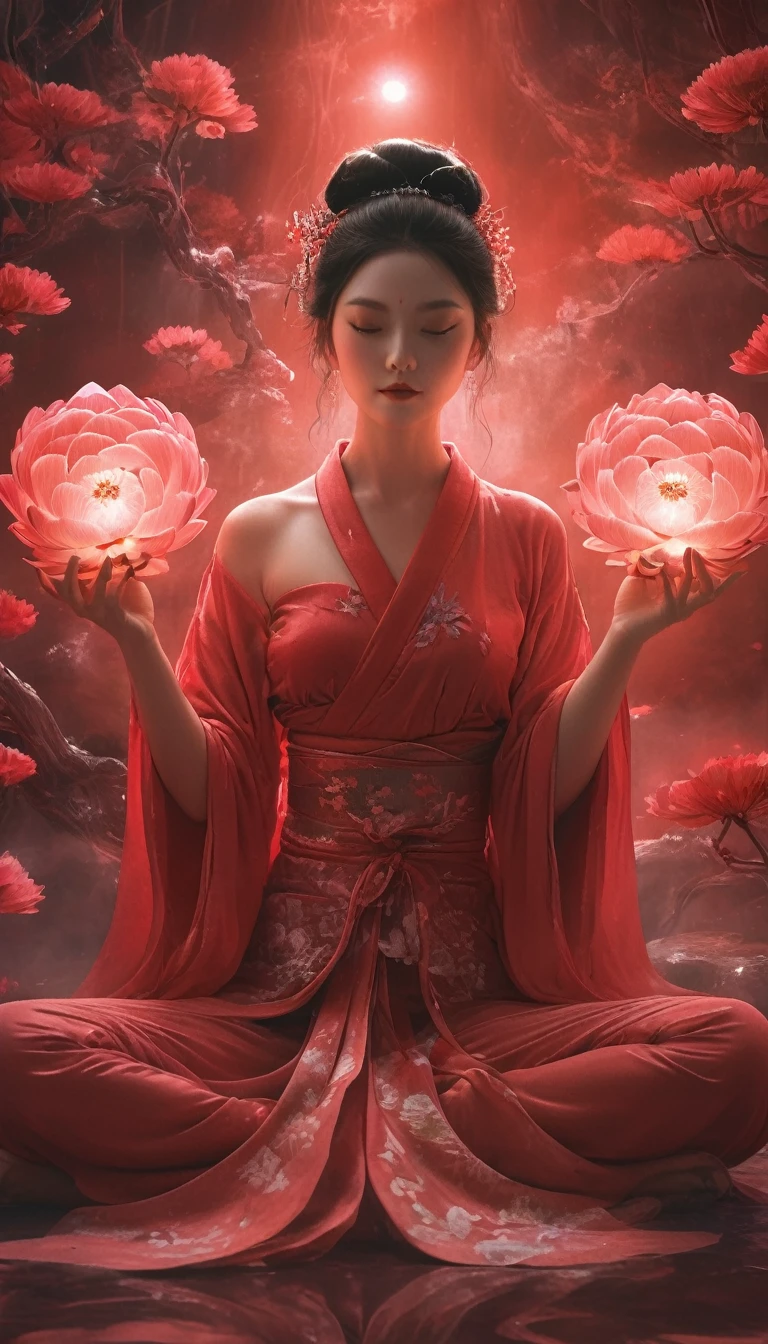 Full body photo of a geisha in lotus position,Anatomically correct,born, Cinematic shots, (Sharp focus:1.5), (Realistic:1.4), dusk lighting, Volumetric lighting, Ultra-high resolution, 16K,Dramatic lighting, Abstract background:1.5)(Tangleた,Datura stramonium,Holding a heart light in your hand、Tangle,Intertwined:0.7)witch,Red haori, Foxfire spells, conversion, Depth of written boundary, A fantastic atmosphere, The most beautiful form of chaos, Elegance, Fauvist Design Dark Theme, flowers of death, flowers of ecstasy,Glowing Lines,Glow Example,Tracking example,flash, Backlight,translucent,Particles of light,hill,exit
