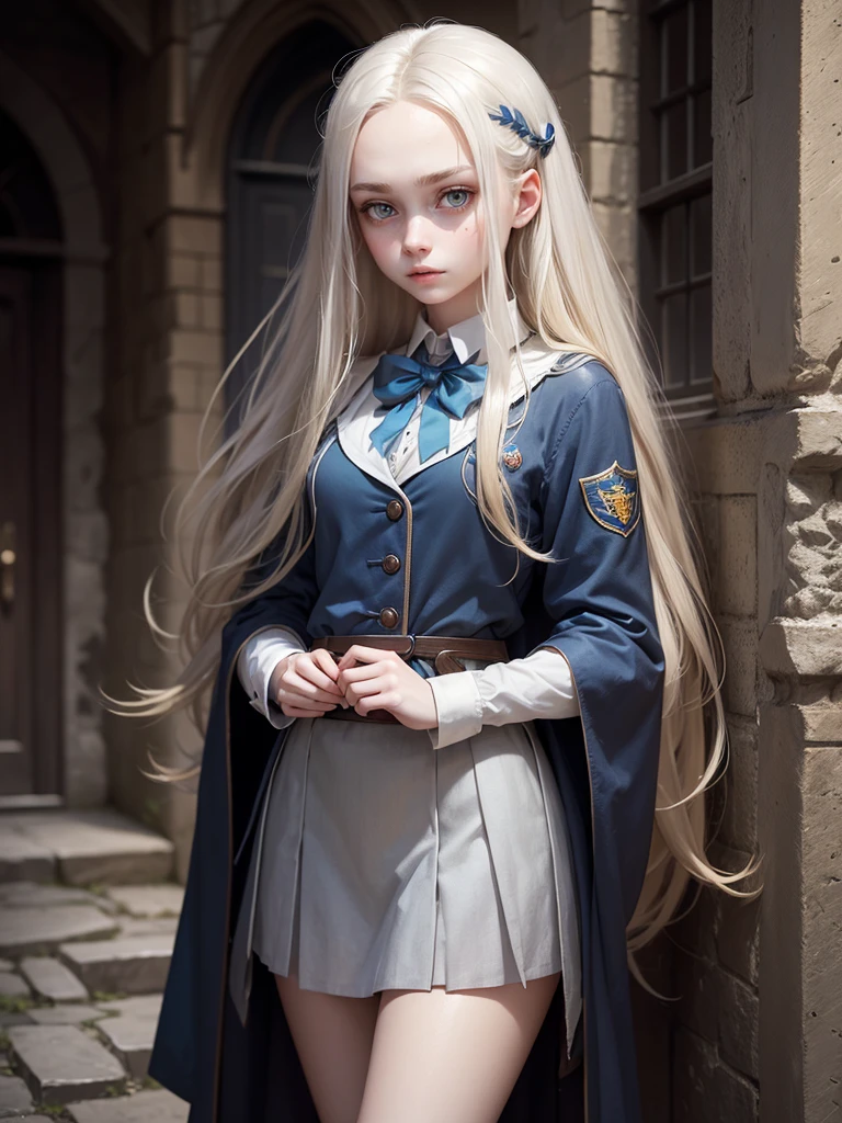 Female, age 16, dirty-blonde hair, straggly waist-length hair, pale silvery eyes, large eyes, pale eyebrows, thin weight, pale skin, Irish ethnicity, dreamy expression, Hogwarts student, Ravenclaw uniform. 