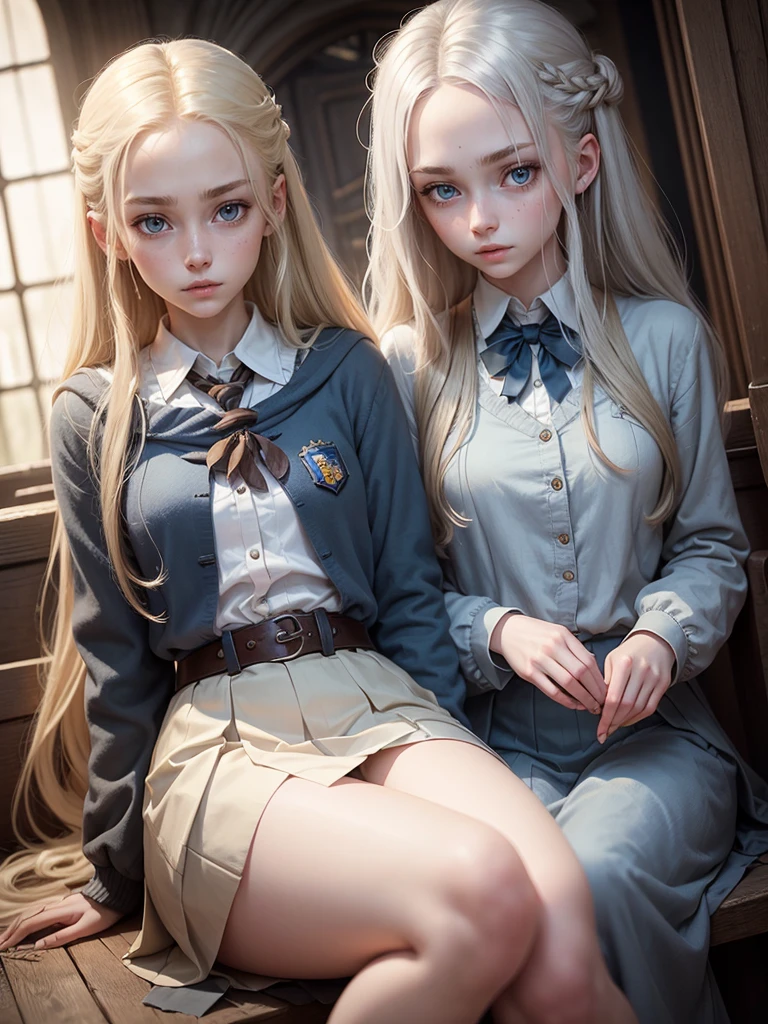 Female, age 16, dirty-blonde hair, straggly waist-length hair, pale silvery eyes, large eyes, pale eyebrows, thin weight, pale skin, Irish ethnicity, dreamy expression, Hogwarts student, Ravenclaw uniform.