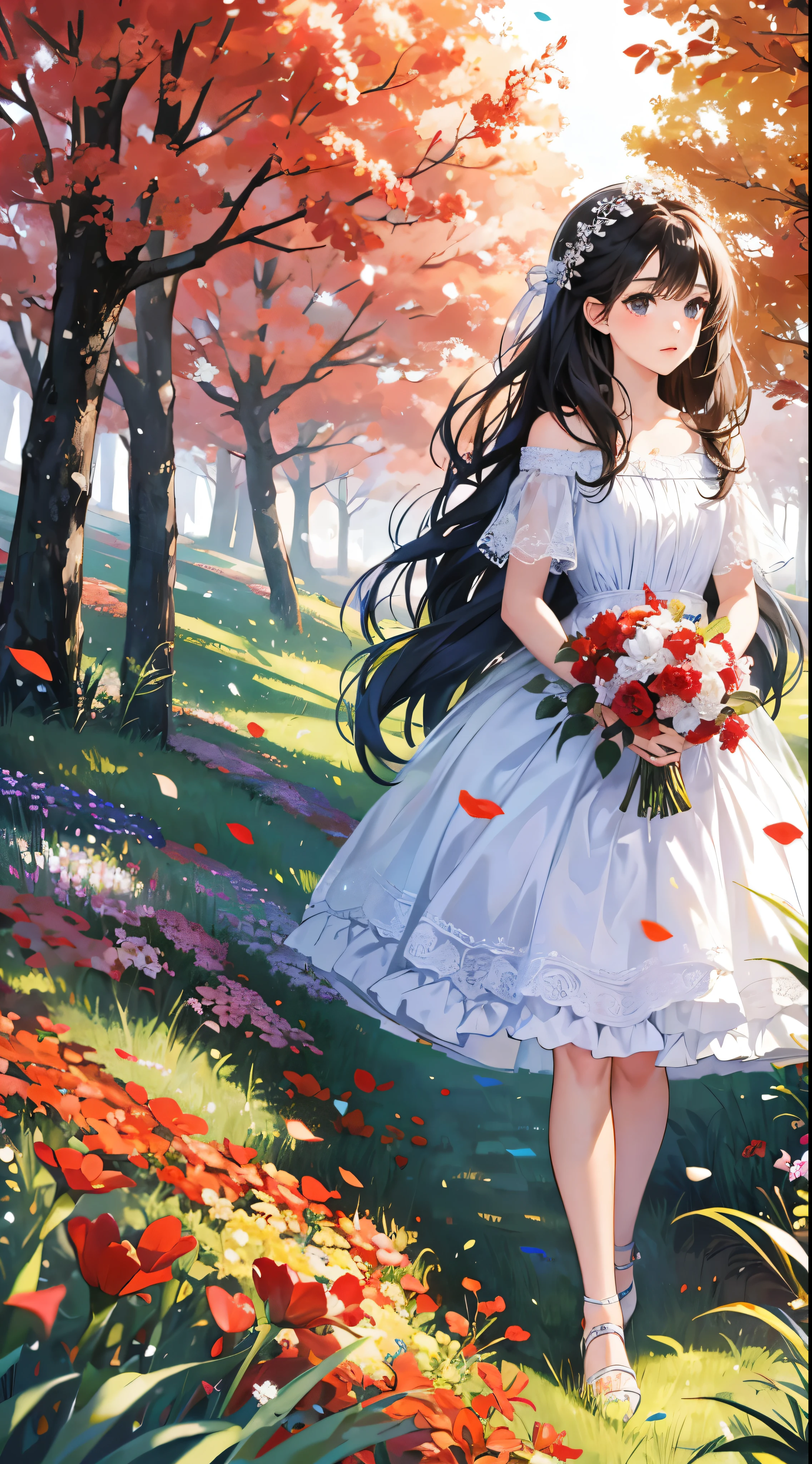there is a  in a red and white dress holding a bouquet, girl in flowers, picking flowers, holding flowers, picking up a flower, girl standing in flower field, girl standing in a flower field, flowers on heir cheeks, girl in a flower field, portrait of girl in flower field, girl walking in forest, girl with a flower head