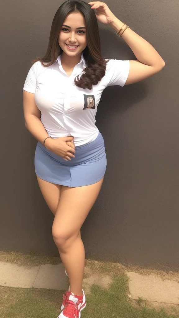 1girl, (Indonesian_high_school), ground camera angll, detailed face, little smile, detailed eyes, beautiful face, zoom out, large plump breasts, detailed skin, looking at the camera lens, perfect light, (8k, RAW photo, best quality, masterpiece: 1.15), (realistic, realistic: 1.4), ultra-high resolution, photorealistic, ultra high resolution, solo, realistic face, (detailed face), seductive pose , black hair Color, clean armpit, six pack belly, large breasts, full body angle, 18 years young woman, perfect thighs, semi-thick thighs, muscular thick arms, sitting, legs up, wearing hot short skirt, wearing tight shirt, asian goddess, long hair, straight hairstyle, muscular belly, thick muscular hips, curvy body, tall body, normal fingers, hands behind body
