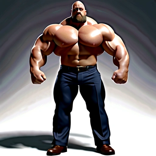 The big show as a bodybuilder with enormous muscles, wide huge pectorals, wearing dressing shirt and pants, full body, hairy chest.