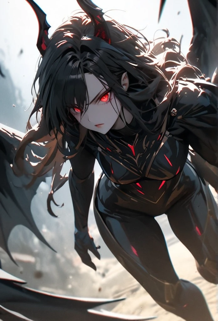 (solo), black hair, messy hair, mane hair, long hair, dense hair, wild hair, expressive hair, mature,(25 year old), pale skin, red eyes, ((woman)), wearing black armor, black dragon horns,, black helmet, serious, black wings, beautiful, attractive, eye reflection, depth of field, thunder aura,cinematic lighting, ray tracing, depth of field, cinematic lighting, ray tracing, UHD, high details, best quality, highres, high quality, award winning, super detail, masterpiece, 8k, UHD, high details, best quality, highres, high quality, award winning, super detail, masterpiece, 8k, digital art, anime coloring, full body, body shot, good face, perfect face, detailed face, good eyes, sitting on a throne