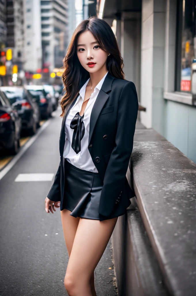 a 19 year old girl, she is the most beautiful actress in the world, the perfect body proportions of this girl, her upper body including her large breasts are perfectly clothed by the blazer and the formal shirt, her crotch area of the panties are hardly hidden by the short skirt, her bare legs, all her body is just looking straight forward to viewer of this photo, it's just no photo space above her head and below her shins, she is standing straight at the street, nsfw, best quality, highly detailed, masterpiece, ultra high res, photo realistic, 8k, RAW photo