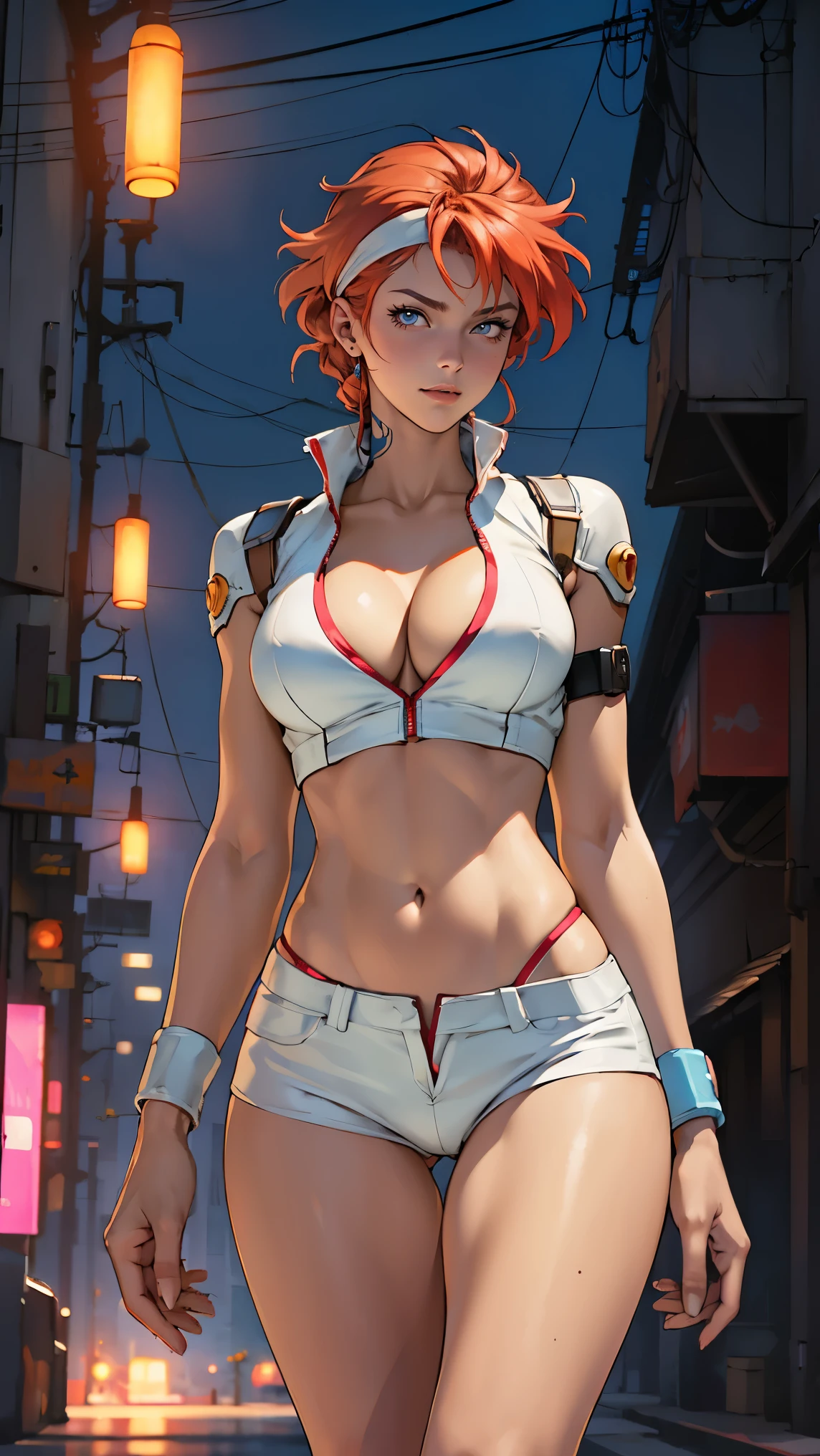 ((Masterpiece, highest quality; 1.3)), super quality, beautiful detail, super detailed, extra fine, 16K, exquisite, absurd, high resolution, beautiful background, detailed background, beautiful eyes, beautiful skin, anime style, Kay from Dirty Pair in a white outfit, tight outfit, cleavage, bushy redhead beauty, very light blue uniform, wearing tight clothes, skimpy, (mid chest: 1.2), cleavage, cleavage, slim waist , thin waist, slim thighs, thin legs, slim legs. thigh gap, showing stomach, skinny, thin hips, cyberpunk city background, holding retro space gun , headband, 