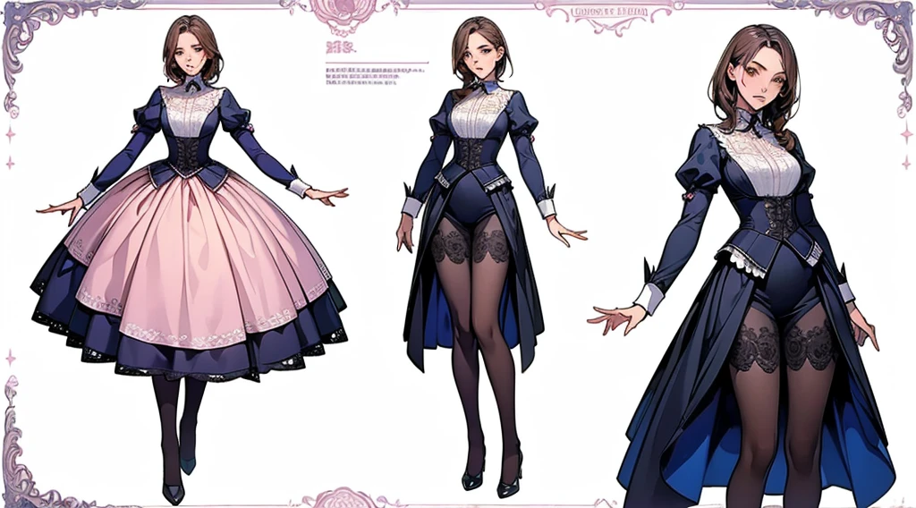((masterpiece, Highest quality)), Detailed face, Character design sheet,Full Body Lesbian, Perfect Proportions,Full of details, Various poses and expressions, Very detailed, depth, Many parts,Beautiful teenage girl,suit,Lace pantyhose,Pale pink eyeagnificent and elaborate character art,Natural light