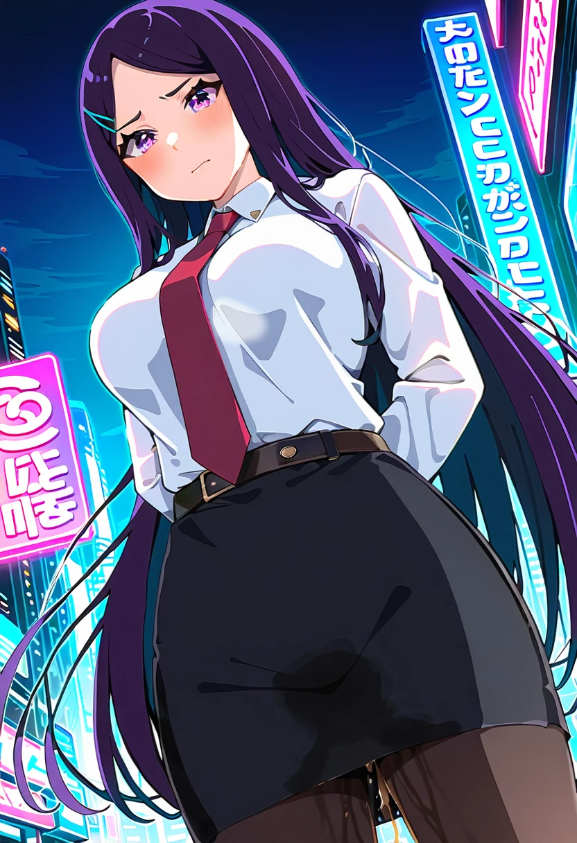 (masterpiece:1.37), best quality, (extremely detailed:1.37), woman, mature, adult, large breasts, very long hair, (straight hair:1.5), dark purple hair, purple eyes, (extremely detailed eyes:1.37), business suit, necktie, (long pencil skirt:1.5), pantyhose, desperation, (wetting self:1.5), standing, embarrassed, humiliation, blushing, angry, city, futuristic, neon lighting, high-tech, street