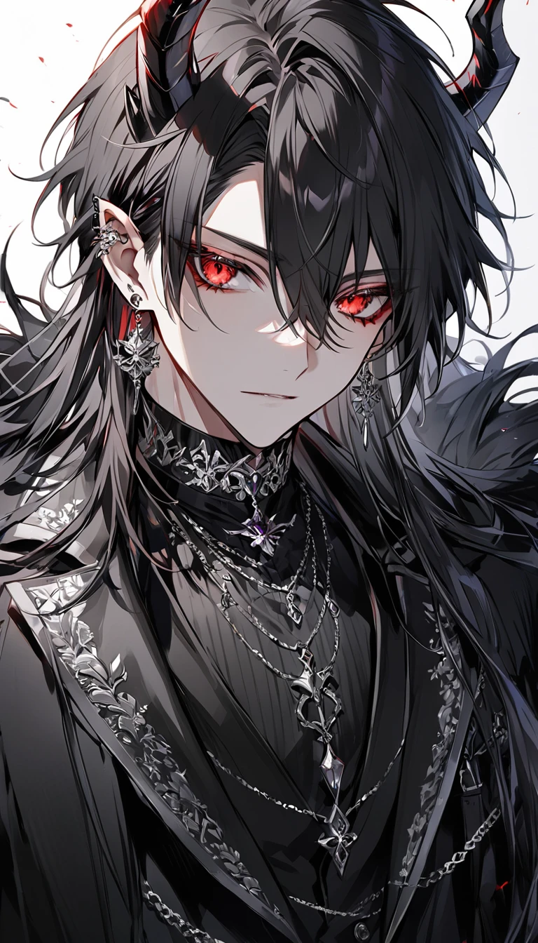 alone, good looking, 1 male, Long hair, Middle parted hair, Black hair, Red eyes, Black shirt, White Thailand, Black Trench Coat, Royal Silver Jewellery, Royal Demon Earrings, Black horns, Front Facing, Vtuber Front Facing Camera