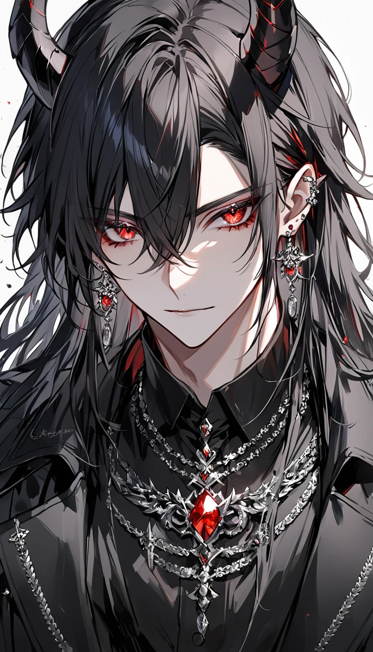 alone, good looking, 1 male, Long hair, Middle parted hair, Black hair, Red eyes, Black shirt, White Thailand, Black Trench Coat, Royal Silver Jewellery, Royal Demon Earrings, Black horns, Front Facing, Vtuber Front Facing Camera