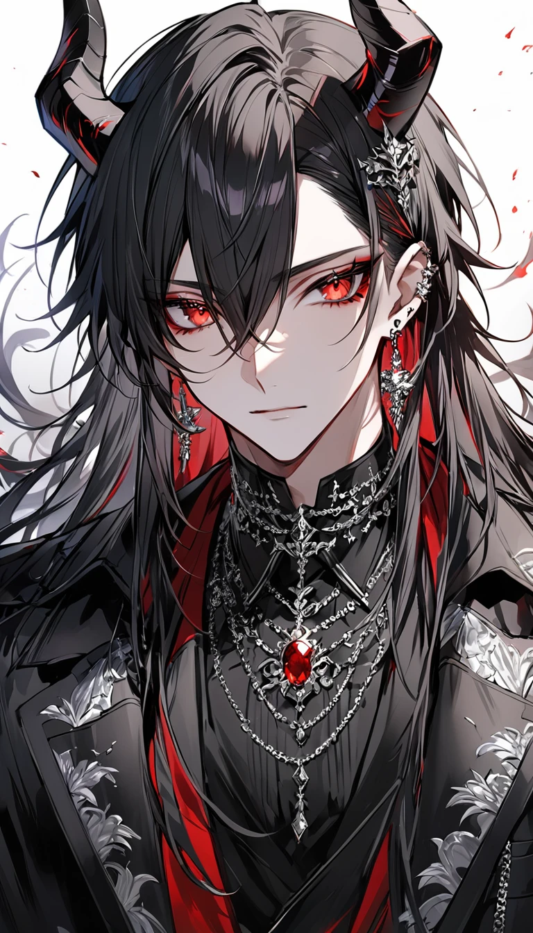alone, good looking, 1 male, Long hair, Middle parted hair, Black hair, Red eyes, Black shirt, White Thailand, Black Trench Coat, Royal Silver Jewellery, Royal Demon Earrings, Black horns, Front Facing, Vtuber Front Facing Camera