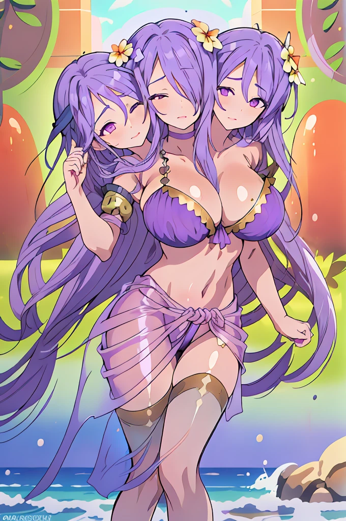 masterpiece, (masterpiece, best quality), best resolution, ((3heads:1.5)), best quality, sumCamilla, hair flower, purple bikini, see-through sarong, very huge breasts, playing in the ocean water, splashing water, girl with three heads, three headed girl, 