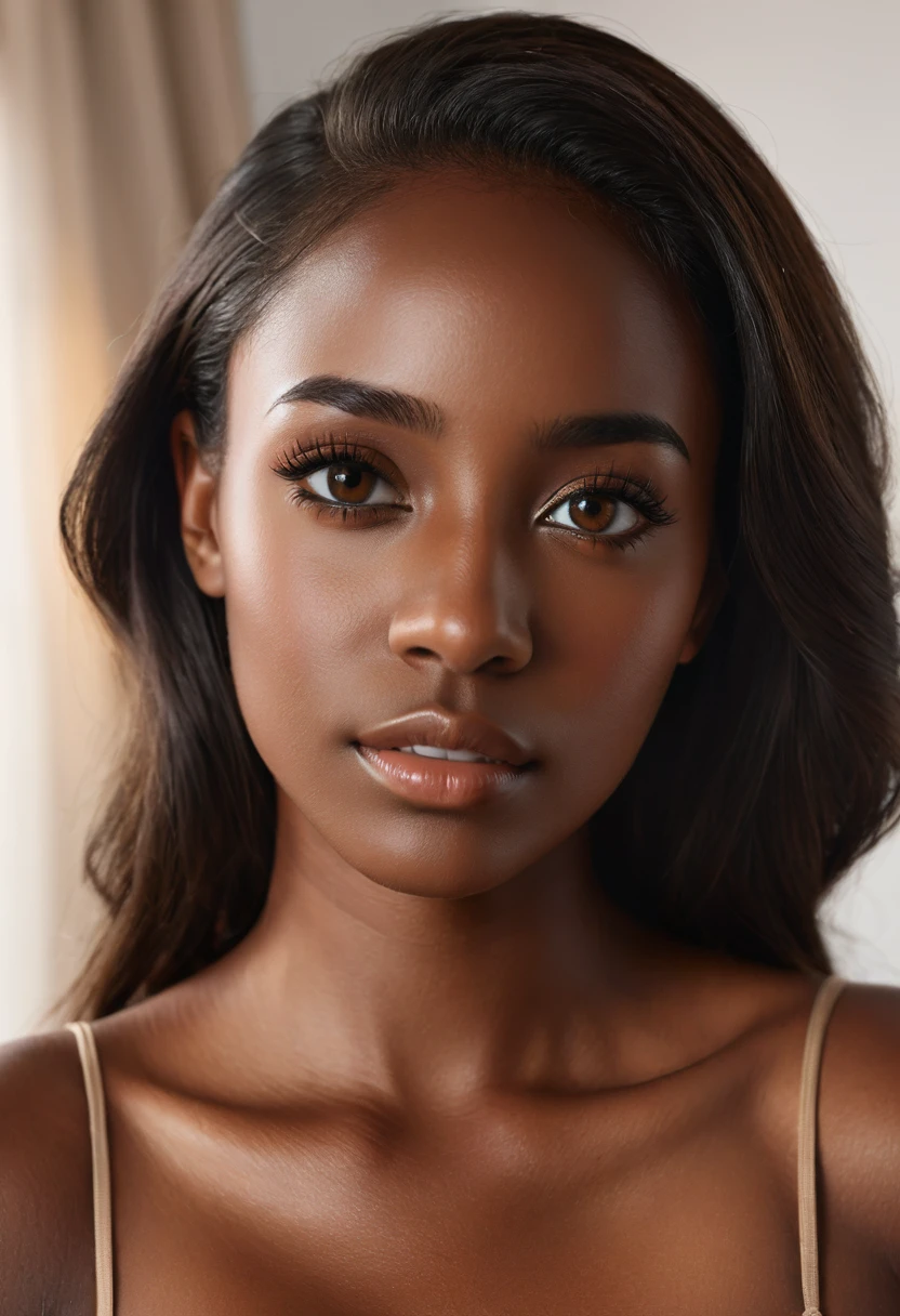 Realistic photo of a dark black skin colored, brown eyes, tanned woman in her room