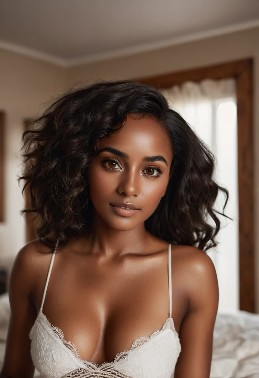 Realistic photo of a dark black skin colored, brown eyes, tanned woman in her room