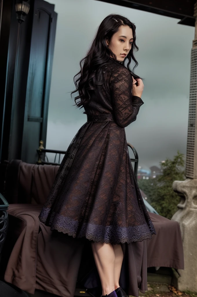 photo realist, horror themed, Underworld Theme, dark element, high quality realistic masterpiece,1 girl, (comely) Japanese woman, 27 year old, long wavy black hair, walking in the dark, misty, misty, moonlit alley,Cloudy moon room in sky in background, moonlit,with fog and shadows, frightful,natta,cinematic lighting,Dress conservatively, wearing a deep purple lace top & black double breasted coat (buttoned up) black closed coat, black medium length black skirt., Fix your hands, Detailed lips
