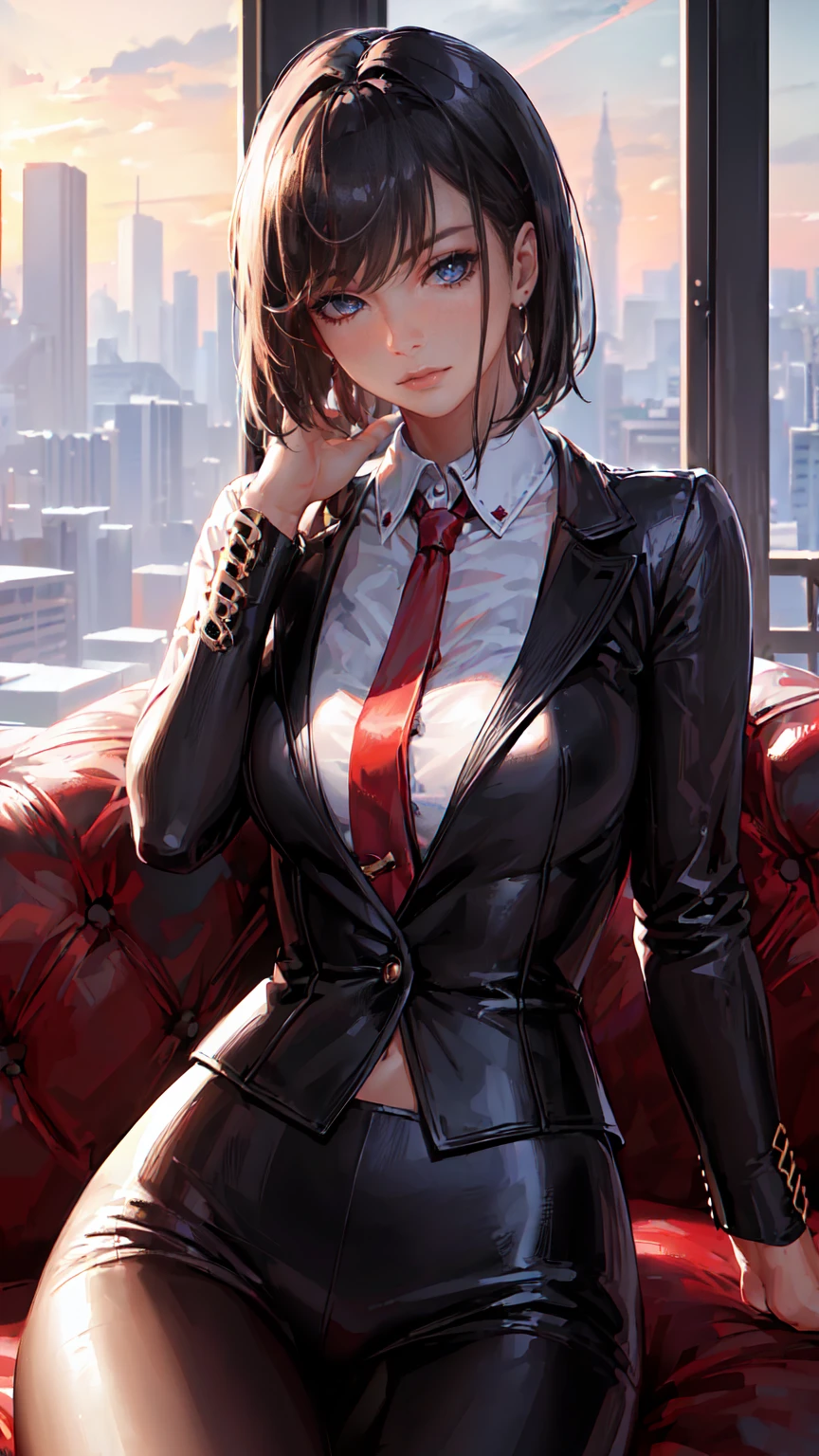 (Epic Showcase Designs in Detail)(Masterpiece, Best Quality, Ultra High Resolution , Digital Art,Beautiful and Aesthetic )Perfect proportions of the body , not an ordinary perspective . ( One Fashionable adult girl with a short oblique bob, slender figure, ) suit in professional performance , long tie , (silk thick threads of red color ) , . The character sits on a large massive leather sofa , an atmospheric pose ,( 2.5D style . realistic anatomy , beautiful perspective . Best image quality , pastel color , focus on the face , well detailed eyes , detailed background in boudoir style . )