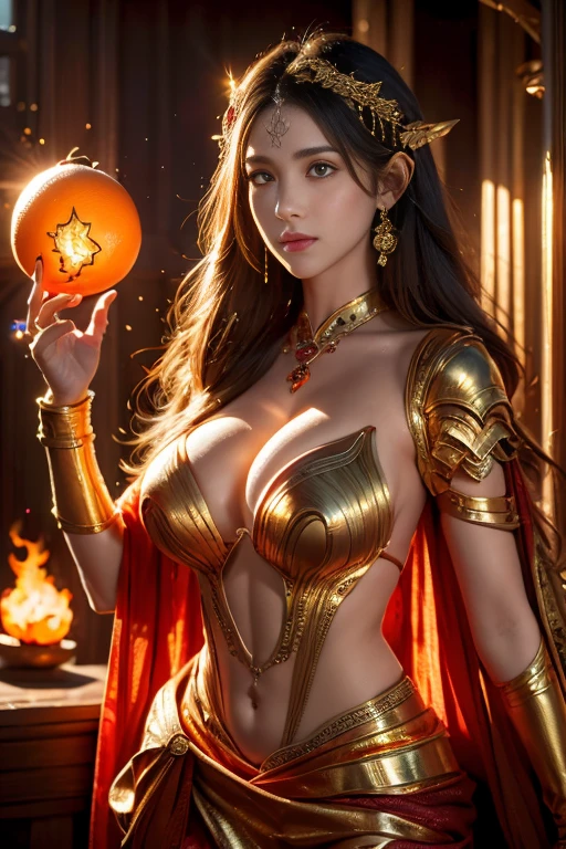 This (realistic fantasy) art contains embers, real flames, real heat, and realistic fire. Generate a masterpiece artwork of a  female fire druid with large (((orange and gold))) eyes. The fire druid is awe-inspiring with beautiful ((realistic fiery eyes)) alight with confidence and power. Her features are elegant and well defined, with ((soft and puffy lips)), elven bone structure, and realistic shading. Her eyes are important and should be the focal point of this artwork, with ((extremely realistic details, macro details, and shimmer.)) She is wearing a billowing and glittering dress made of realistic flames and jewels that glimmer in the fire light. Wisps of fire and smoke line the intricate bodice of the dress. Include bumps, stones, fiery iridescence, glowing embers, silk and satin and leather, an interesting background, and heavy fantasy elements. Camera: Utilize dynamic composition techniques to enhance the realistic flames, blonde long hair