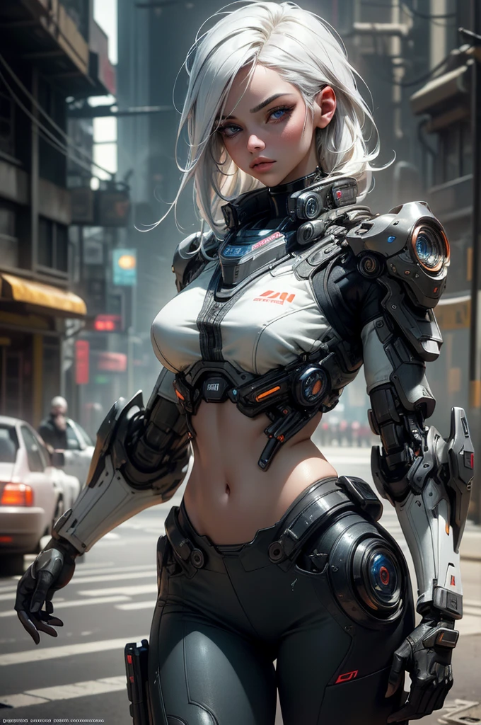 1 girl with white hair, blue eyes, high-tech bra, exposed midriff, high-tech arms, pants, high-tech sneakers, serious pose, Mecha robot behind the character, (best quality,4k,8k,highres,masterpiece:1.2),ultra-detailed,(realistic,photorealistic,photo-realistic:1.37),detailed face, beautiful detailed eyes, beautiful detailed lips, extremely detailed eyes and face, long eyelashes, intricate details, futuristic, cyberpunk, cinematic lighting, dynamic composition, vibrant colors, dramatic shadows