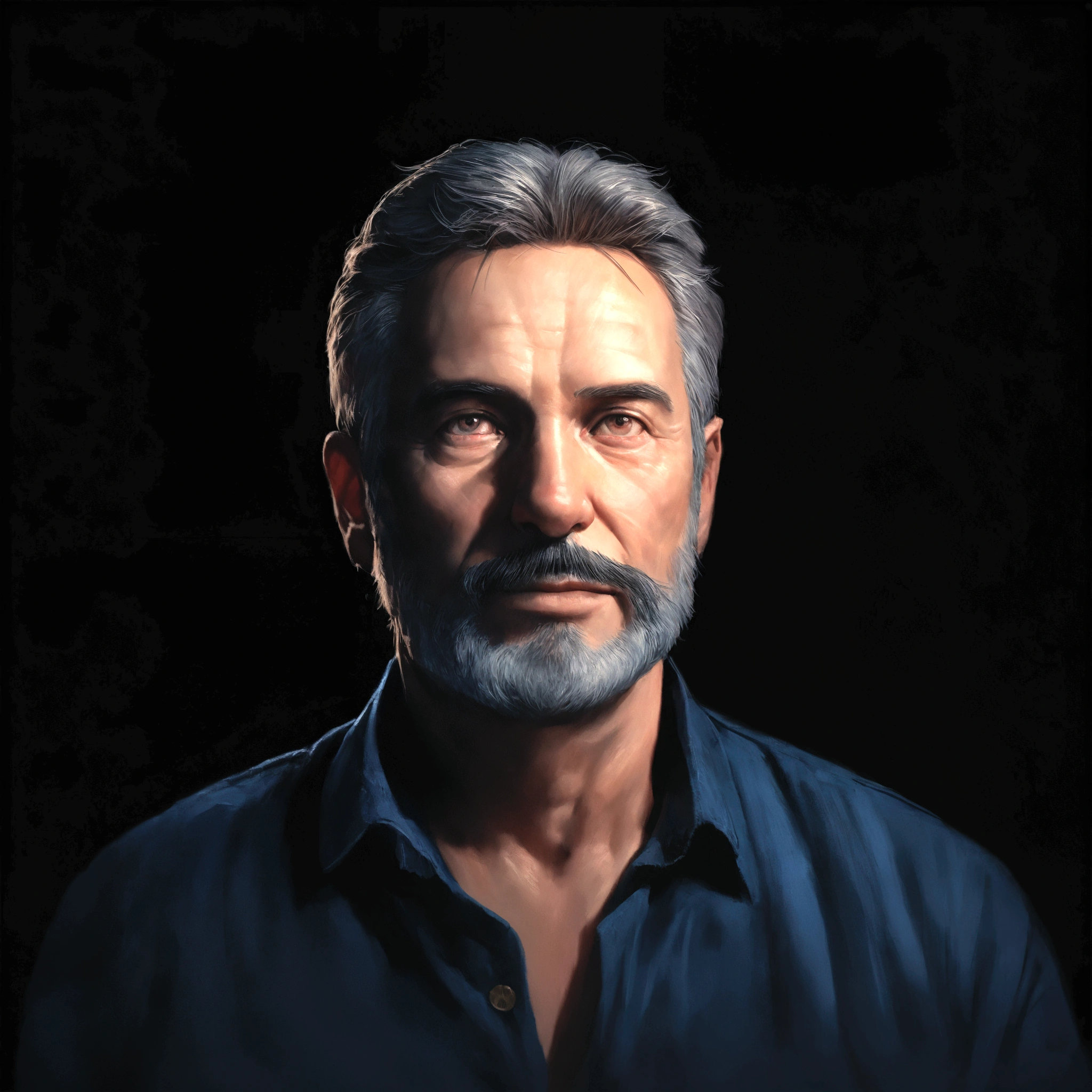 arafed man with a beard and a blue shirt looking at the camera, by Alejandro Obregón, portrait shot 8 k, chiaroscuro portrait, 5 0 years old man, 4k portrait, 8k portrait render, handsome man, dark grey haired man, highly detailed vfx portrait, by Giorgio Cavallon, A realistic portrait of a 50 year old man, handsome, charming man, front view, front view of his face, looking forward, shoulders and full face, on a black background, captured in ambient light, highly detailed, 8k resolution, cinematographic lighting, realism, photorealism, hyperrealism, professional photography, uhd.