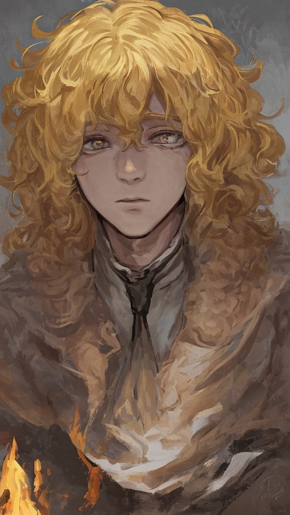 a futurist late ager boy, blonde hair, curly hair, scared expression, tearing eyes, beautiful face, pretty face, sexy, defeated, harmless, captured, tie in a campfire, cinematic atmosphere, vibrant colors