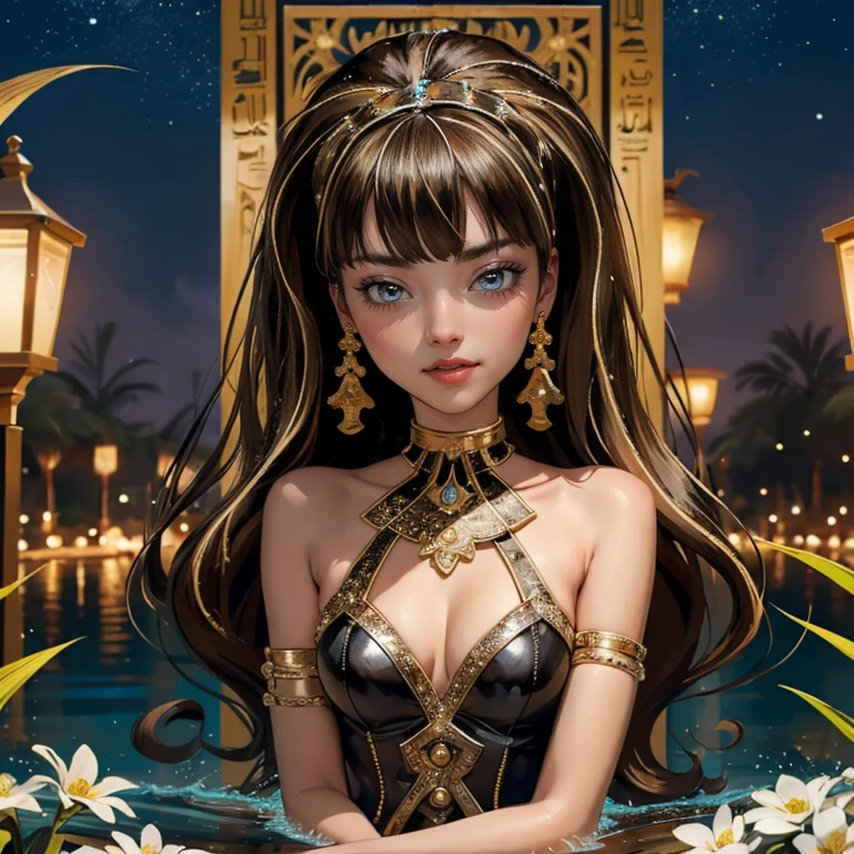 ((high quality)), ((Work of art)), (more detail), 1girl, centered, award winning upper body portrait, cowboy shot, solo, brown hair, long hair, wave hair, Egyptian aesthetic, smiling, Egypt style, gold lanterns, Cleo de Nilo_(monster high), Monster High, looking at the viewer, masterpiece, best quality, detailed face, night, lake scene, seat on the water, black swim suit, frills, gold details on her clothes, waterfall, white flowers on focus, full moon, night, flowing hair, crystals, sparkles, oasis, lake scenery