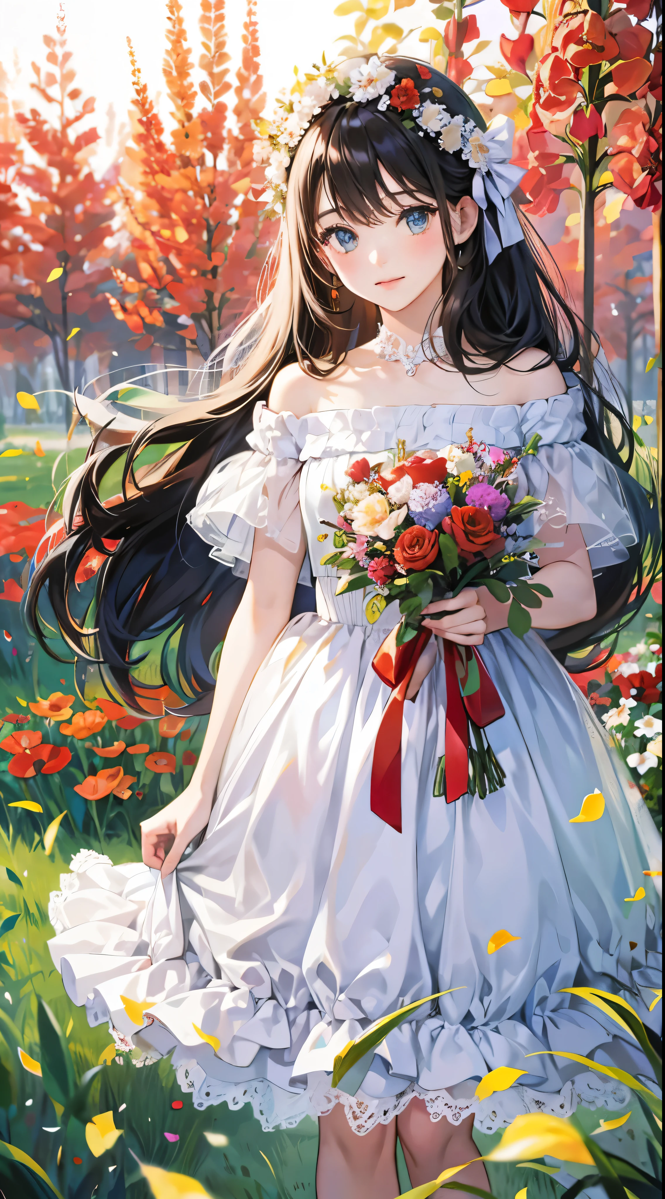 there is a  in a red and white dress holding a bouquet, girl in flowers, picking flowers, holding flowers, picking up a flower, girl standing in flower field, girl standing in a flower field, flowers on heir cheeks, girl in a flower field, portrait of girl in flower field, girl walking in forest, girl with a flower head