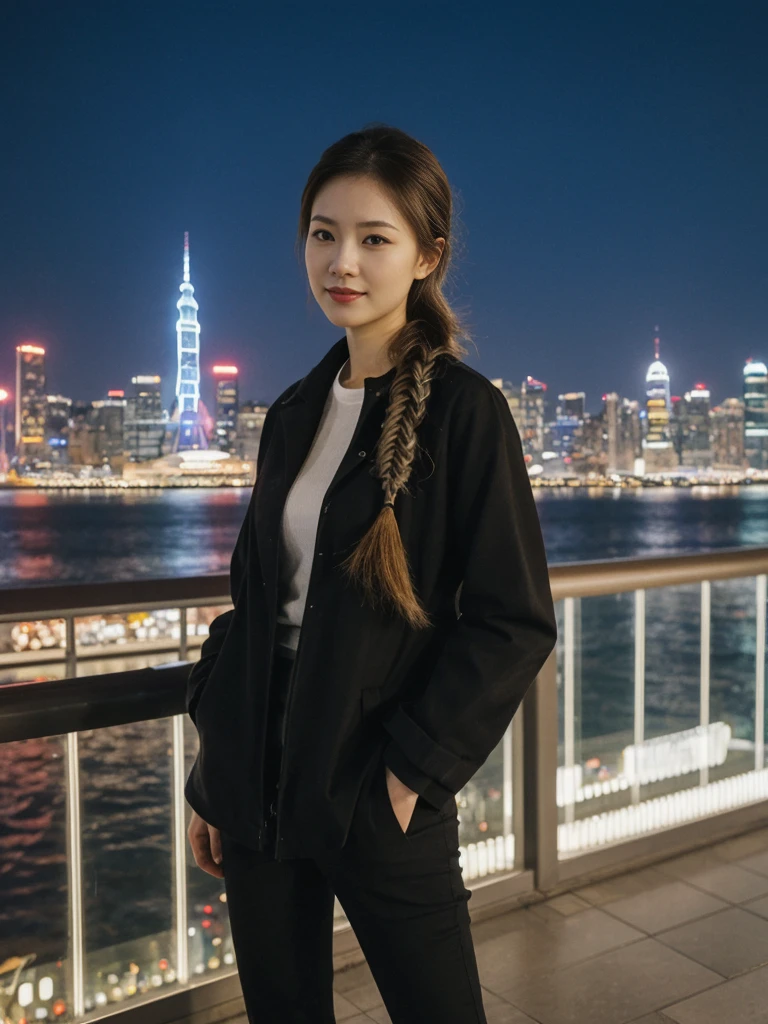 her name is Asako, high quality, 1girl, ((20-year-old fit Caucasian woman)), ((20 years old)), ((slim)), ((Fishtail Braid hair)), pose: standing, wearing aesthetic Generation-Z modern wear different colored, BACKGROUND: "At the Tsim Sha Tsui Promenade, with stunning views of the Victoria Harbor and the Symphony of Lights show."